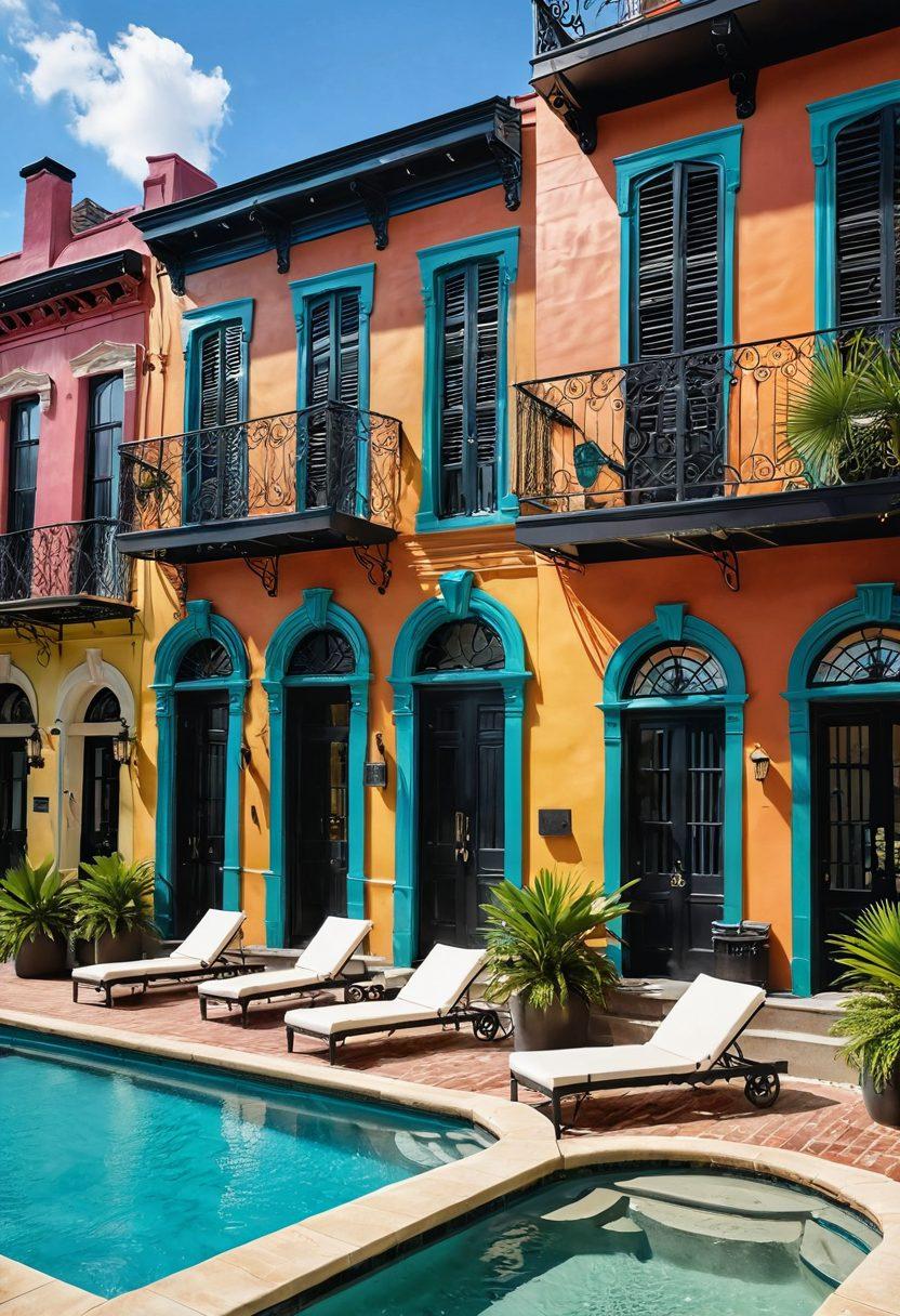 A vibrant collage showcasing luxurious swimwear styles against the backdrop of New Orleans' lively atmosphere, featuring iconic architecture like wrought-iron balconies and colorful houses. Include models exuding fun summer vibes, lounging by a pool, and enjoying a festive outdoor gathering with drinks and music. Bright, sunny weather with palm trees and a hint of the Mississippi River adds a tropical feel. super-realistic. vibrant colors. sunny ambiance.